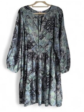 Calvin Klein Blue & Green Printed Long Sleeve Tunic Dress
